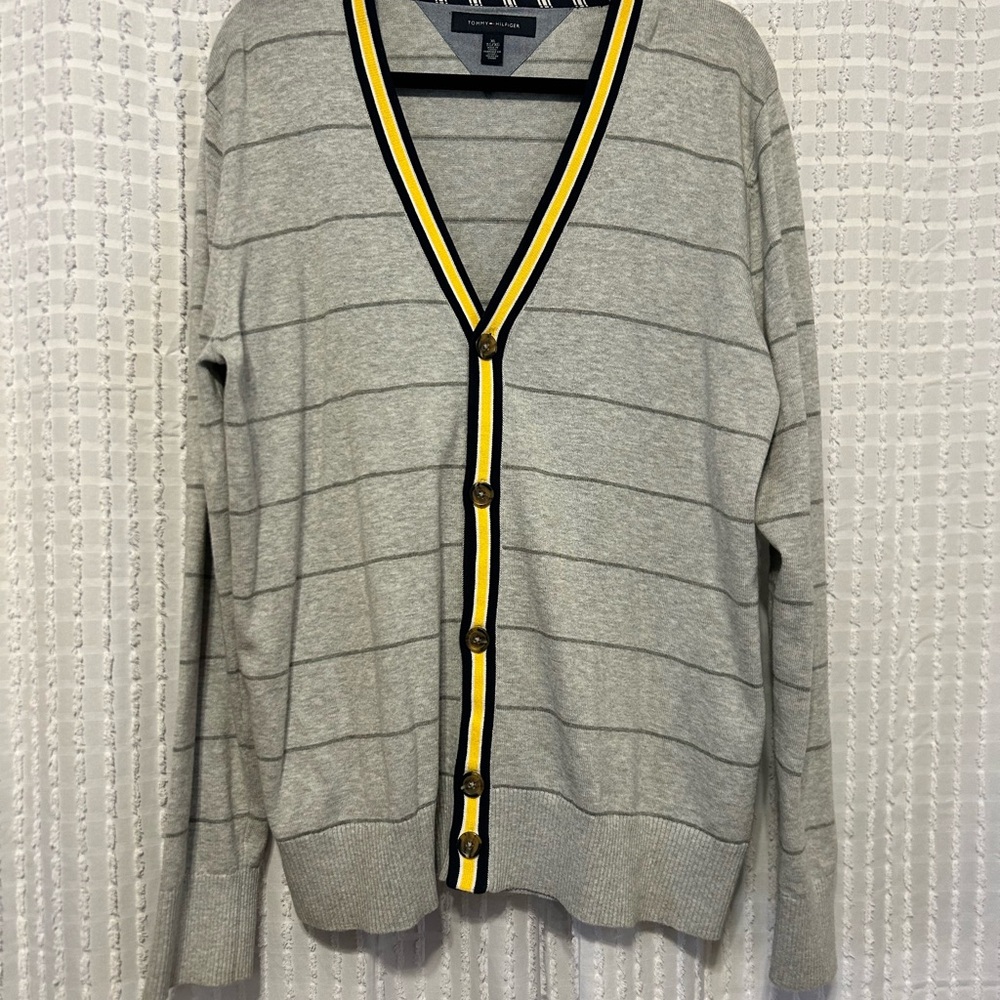 Tommy Hilfiger Mens Gray Striped V Neck Button Up Cardigan Sweater XL
